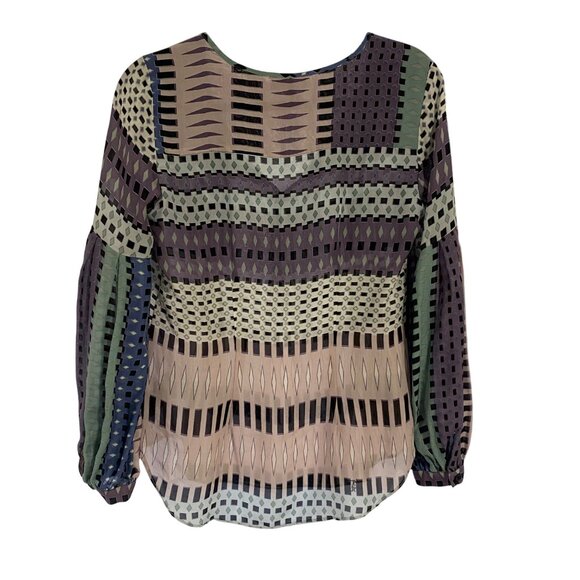 Hale Bob Purple Geometric Balloon Sleeve Silk Blouse Size XS‎ - Picture 6 of 10